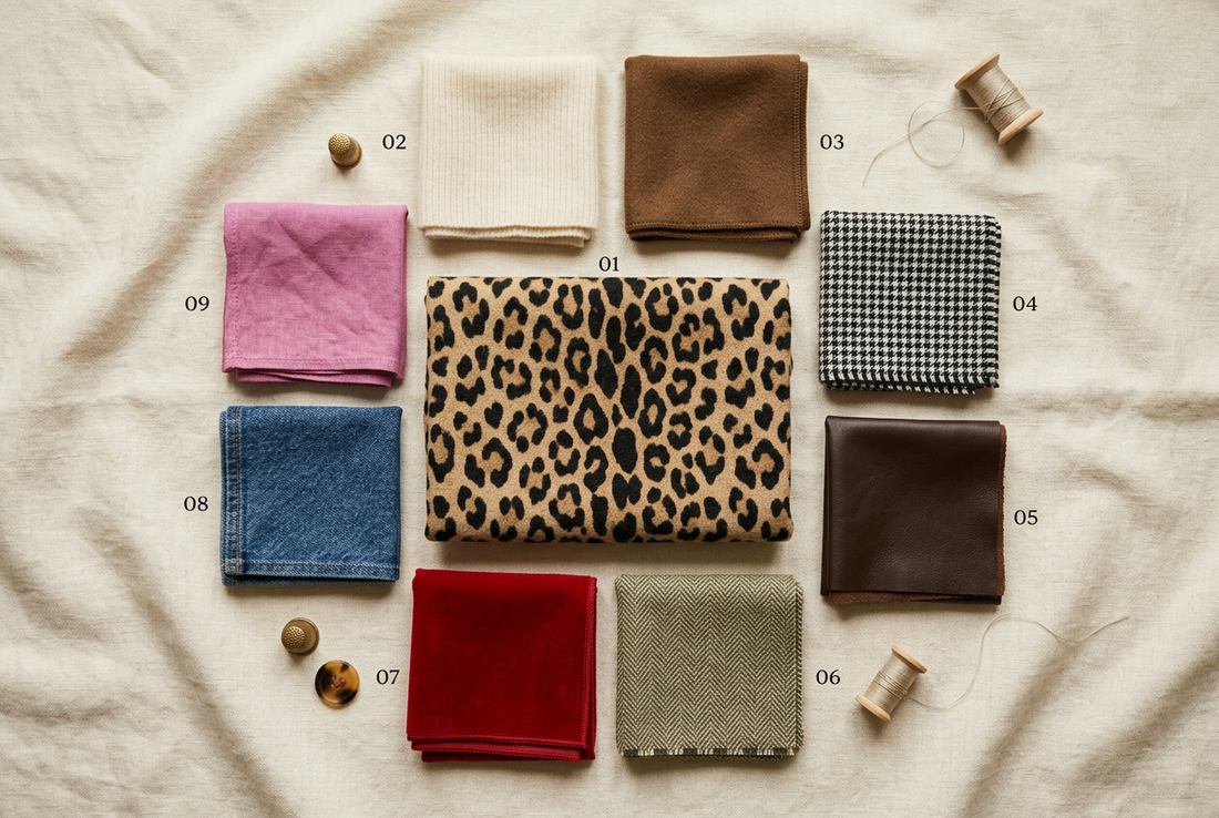 Leopard-print fabric with complementary neutral, olive, blue and colourful fabric swatches.