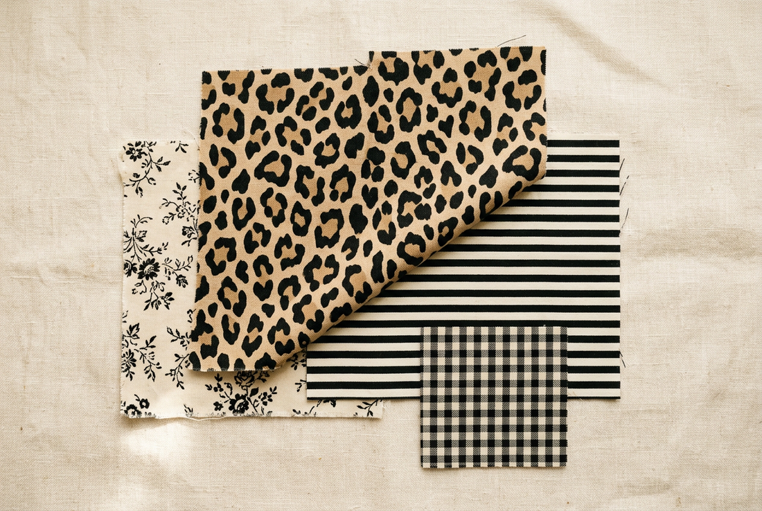 Leopard-print fabric combined with striped, floral and checked fabric swatches.