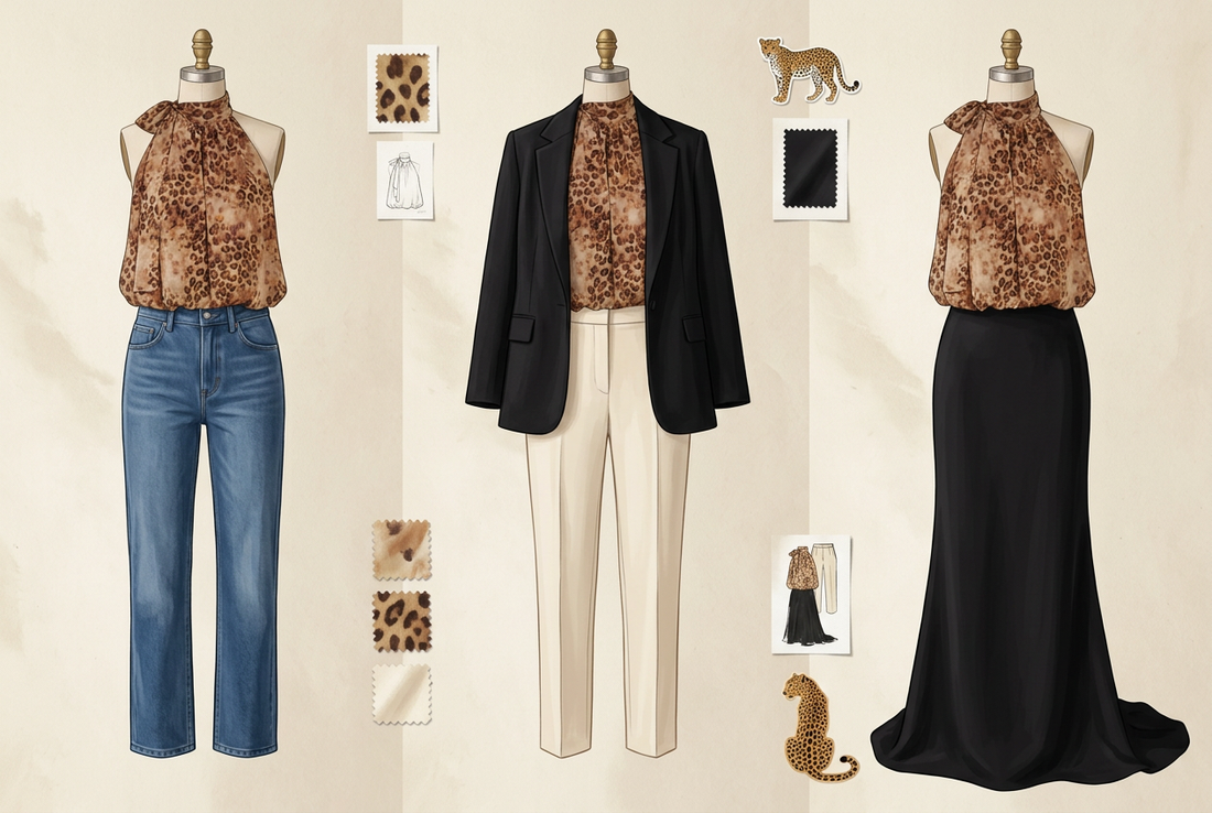 Illustrative styling moodboard pairing a leopard-print halter blouse with denim, tailored trousers and an evening skirt.