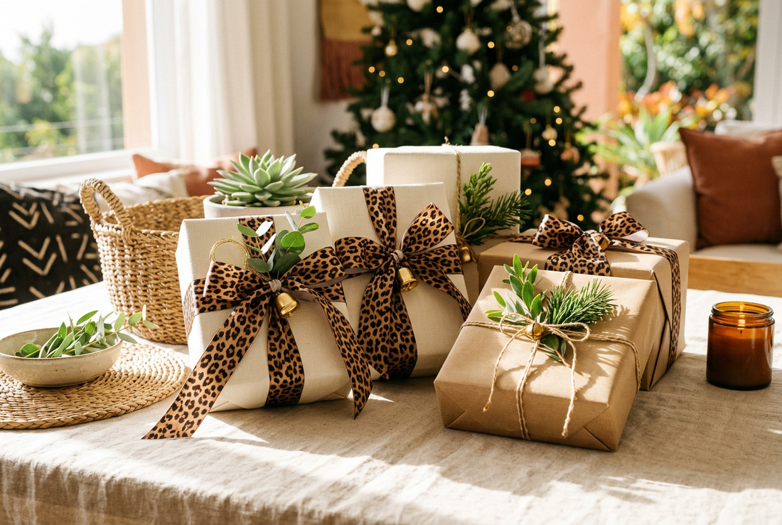 Christmas gifts wrapped with leopard-print ribbons, gold ornaments and greenery in warm summer light.