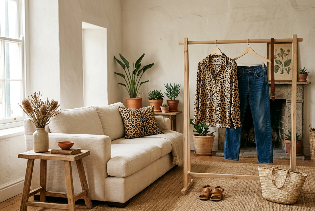 Leopard-print room and outfit styling inspiration in a neutral interior.