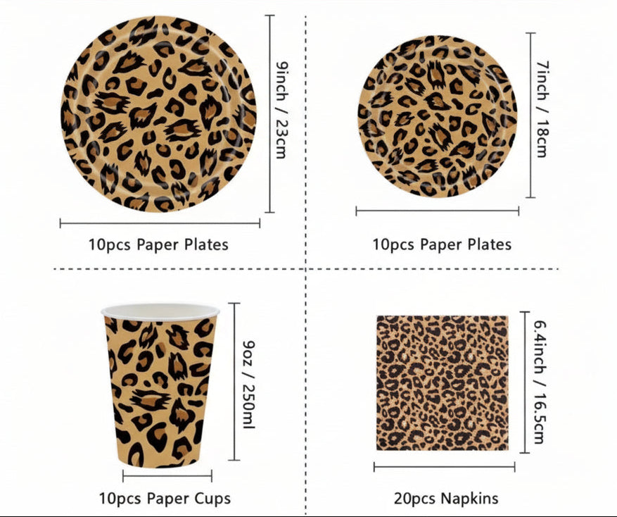 Leopard print paper plates, cups, and napkins with dimensions and quantity details.