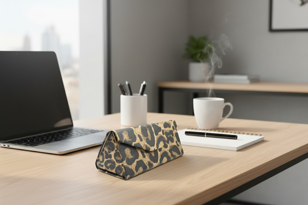 Leopard print glasses case on a desk with a laptop and coffee cup in a home office setting
