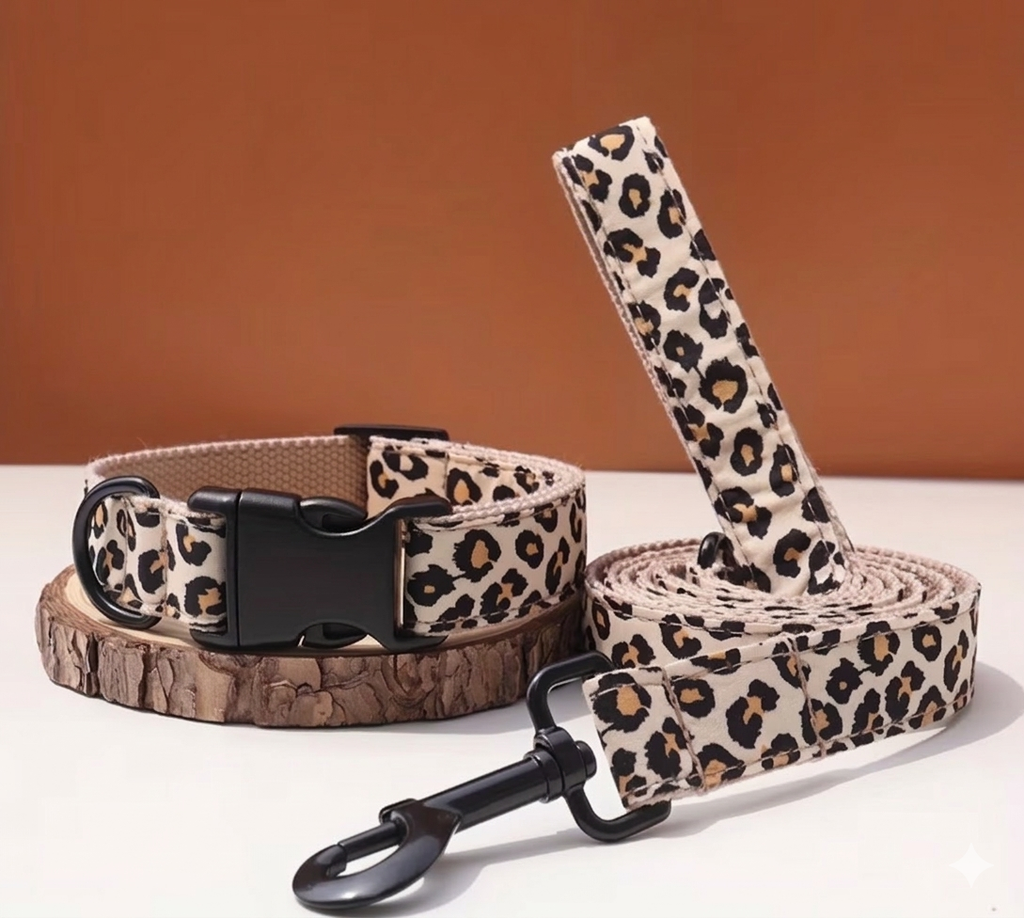 Dog collar and leash set - leopard print yellow
