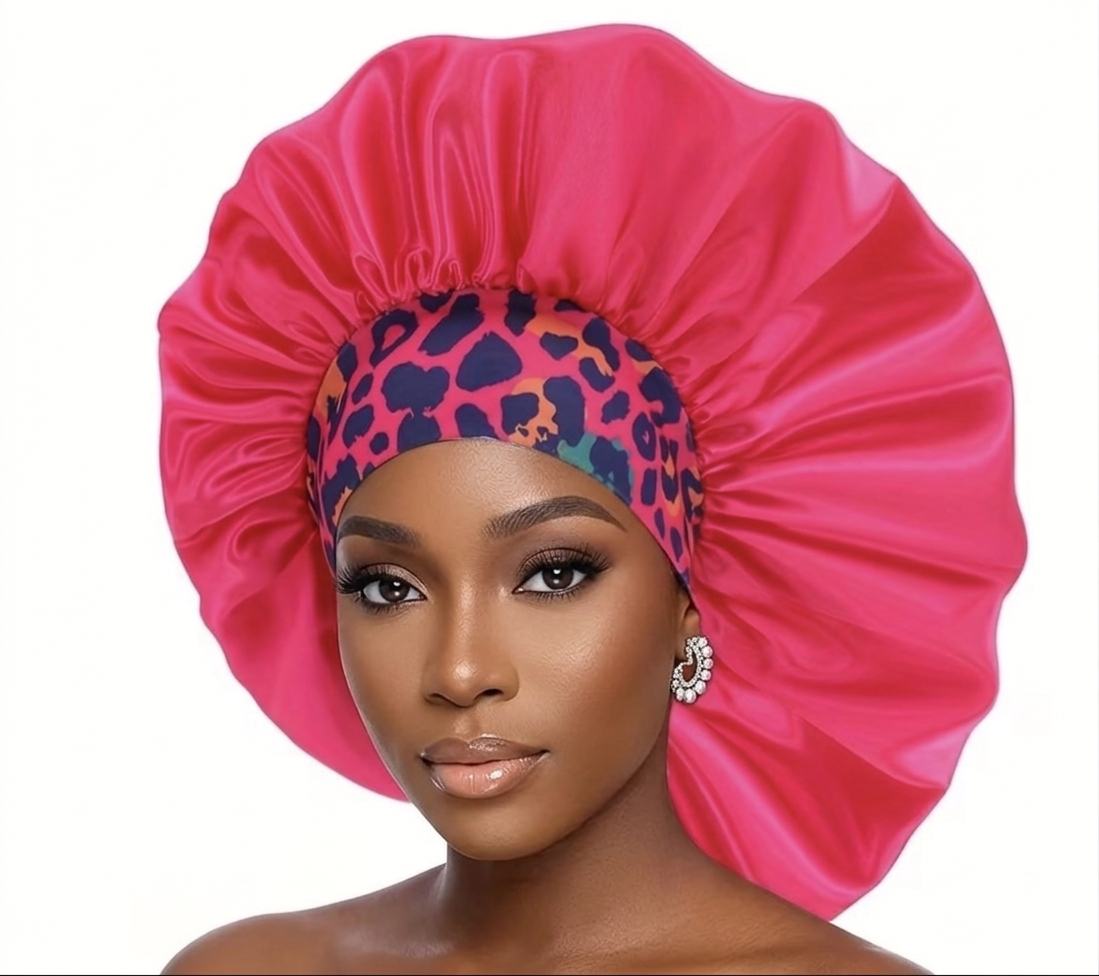 Wide-brimmed hair bonnet - satin pink