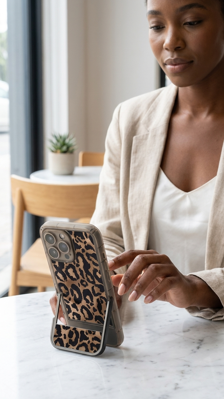 Woman holding a phone with a leopard print case in a casual setting