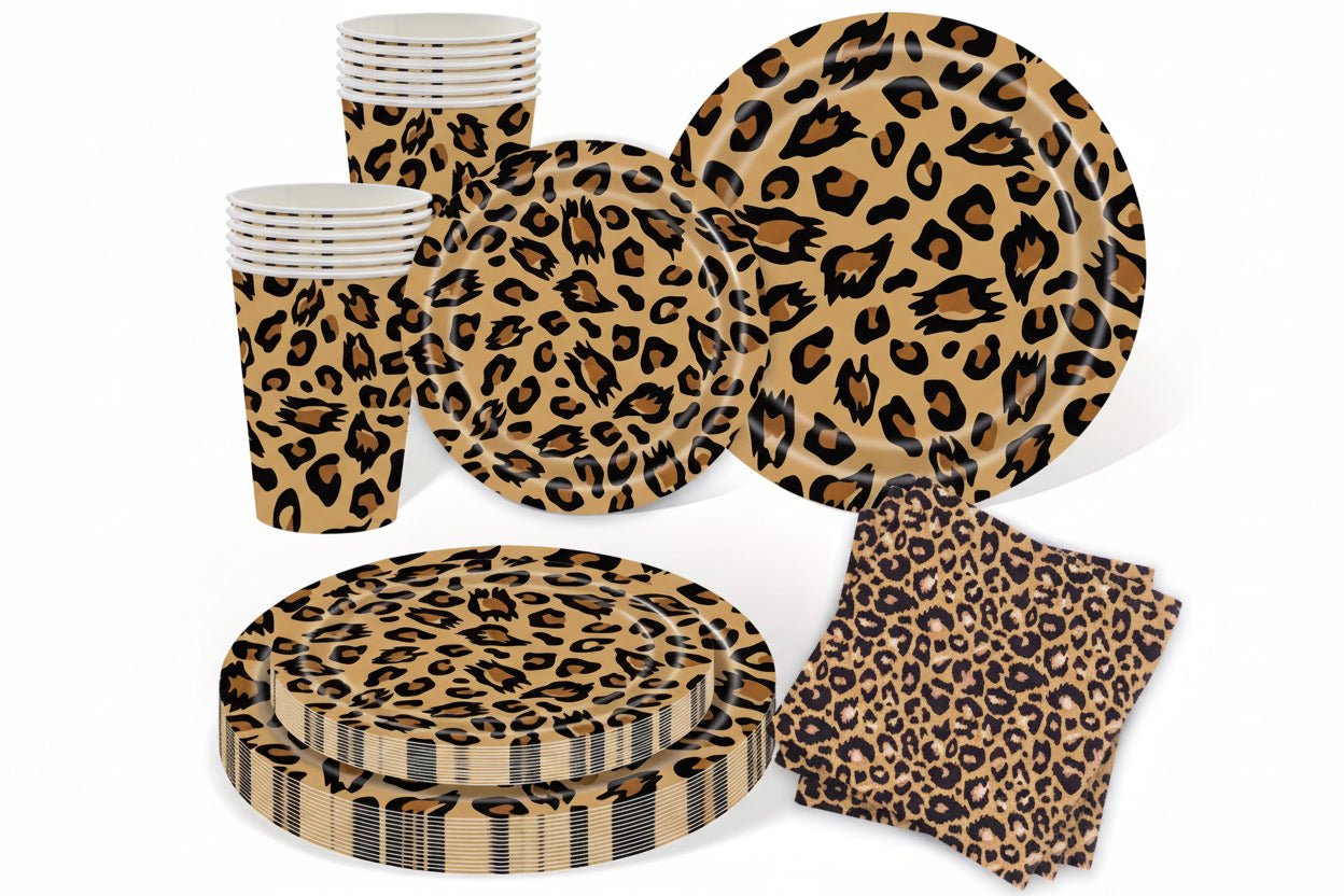 Leopard print party supplies including plates, cups, and napkins on a white background