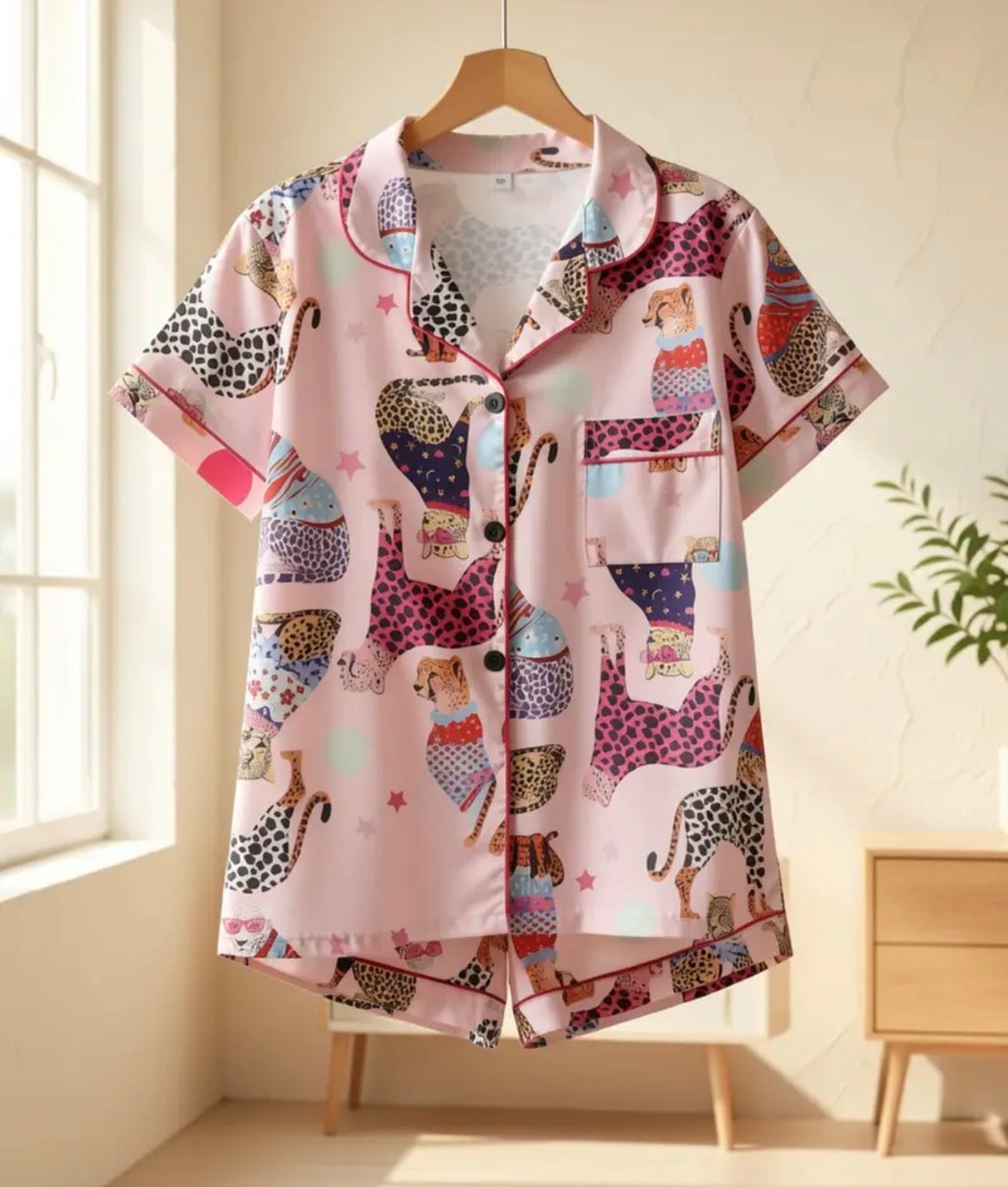 Ladies short pajamas (pink satin)
