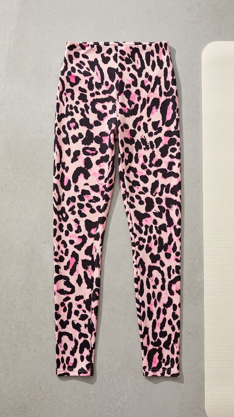 Pink leggings with black leopard print on a gray surface