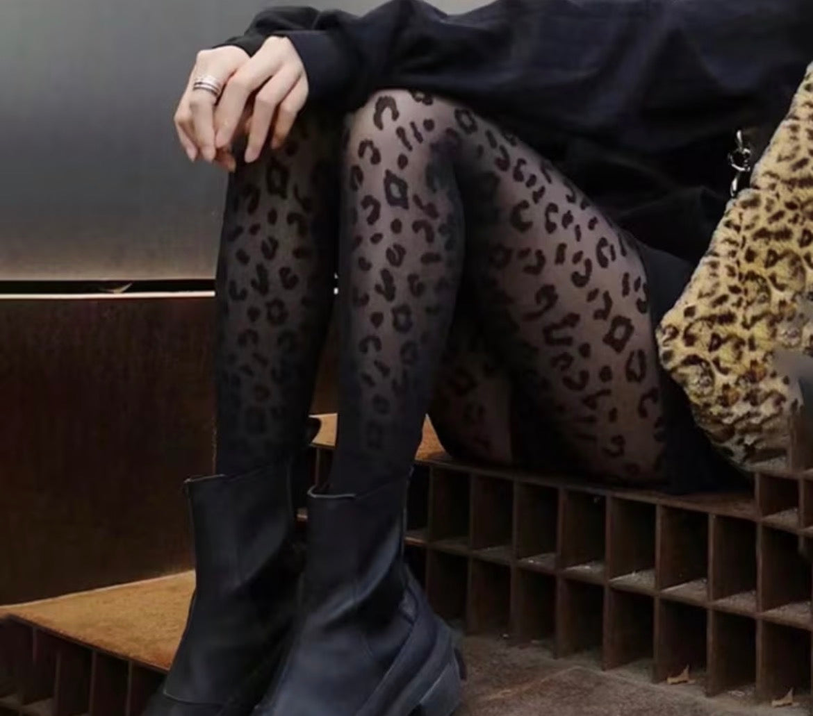 Leopard print tights - black