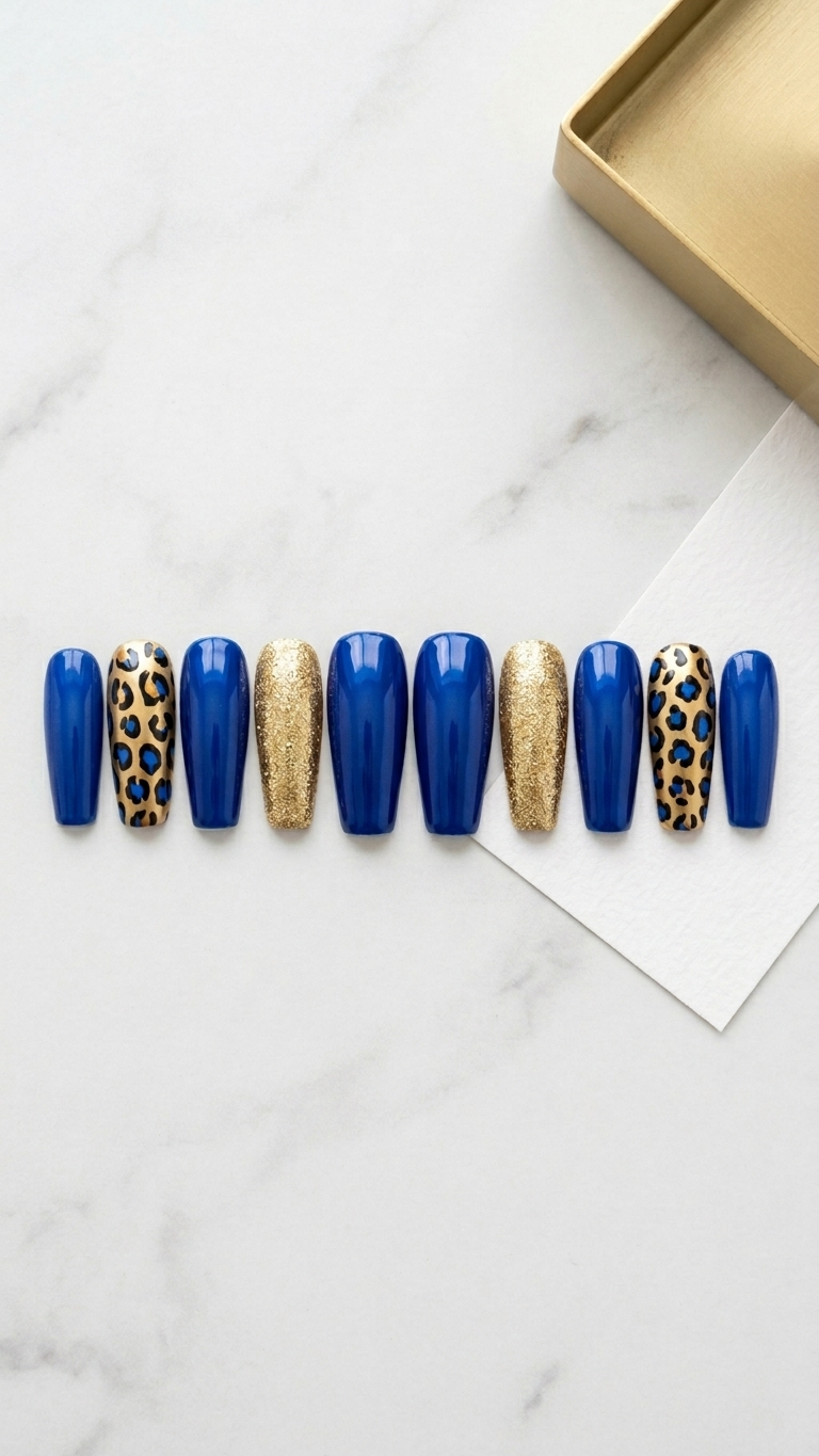 Nails (stick-on) - blue & gold