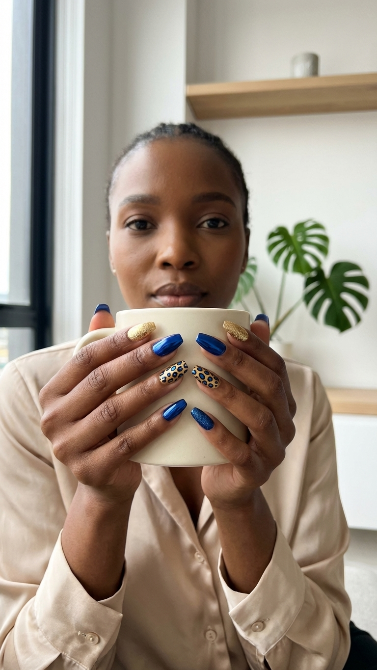 Nails (stick-on) - blue & gold