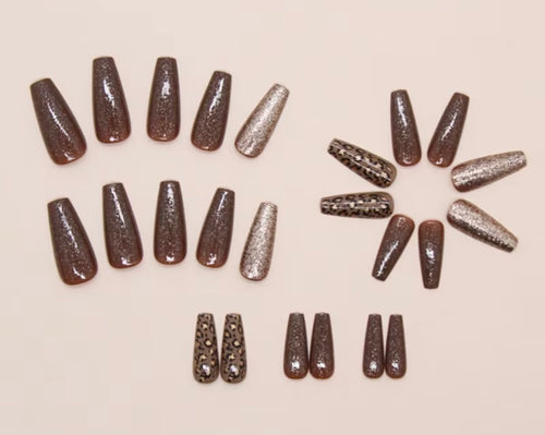 Brown Glitter & Gold long press-on nails