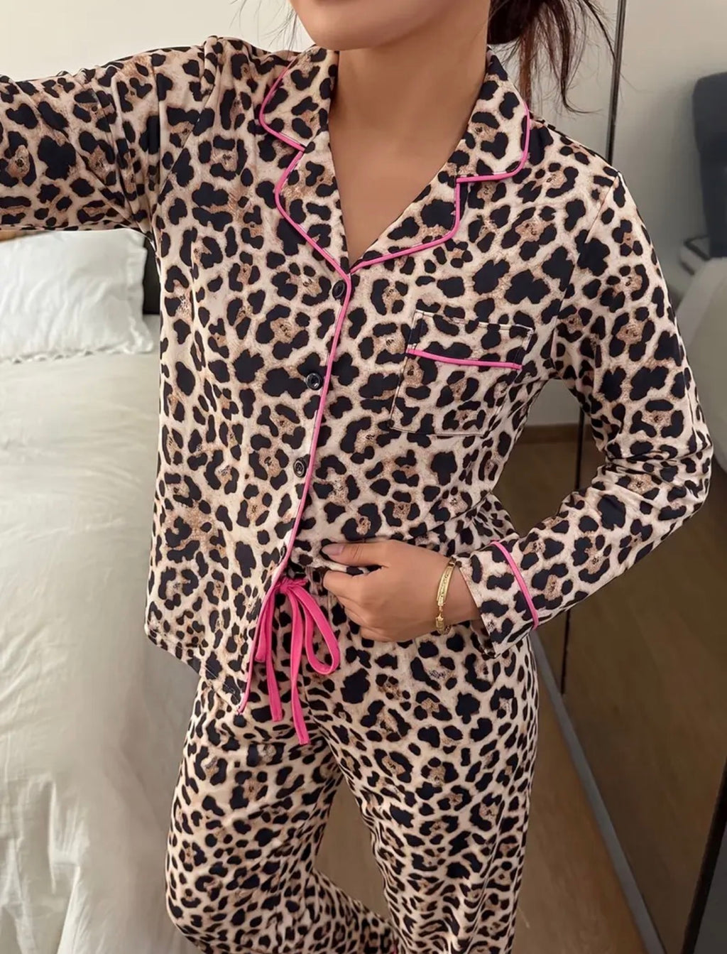Soft leopard print pajamas - pink trim