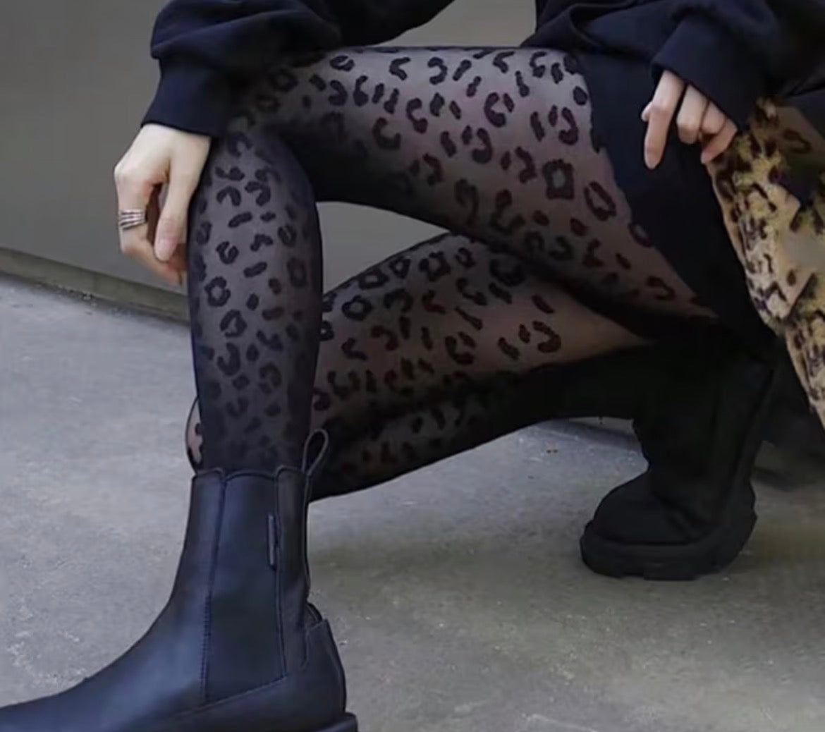 Leopard print tights - black
