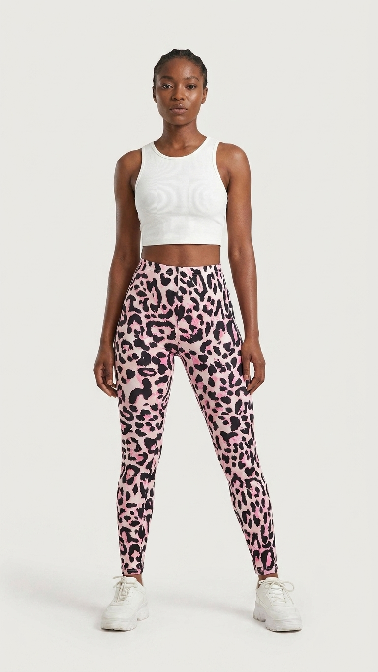 Woman wearing a white crop top and pink leopard print leggings on a white background