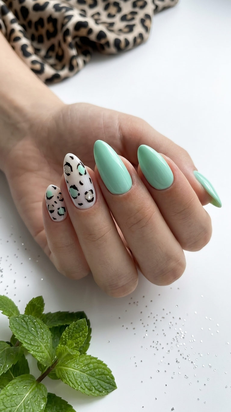 Almond shaped press-on mint green nails