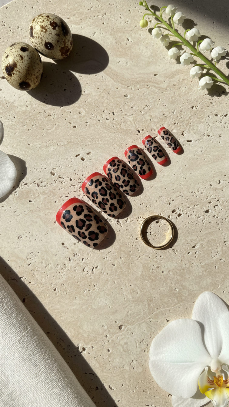 Leopard print nails - with red french tip