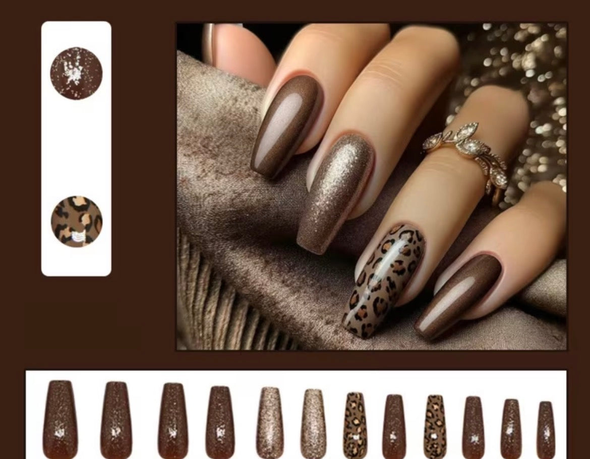 Brown Glitter & Gold long press-on nails