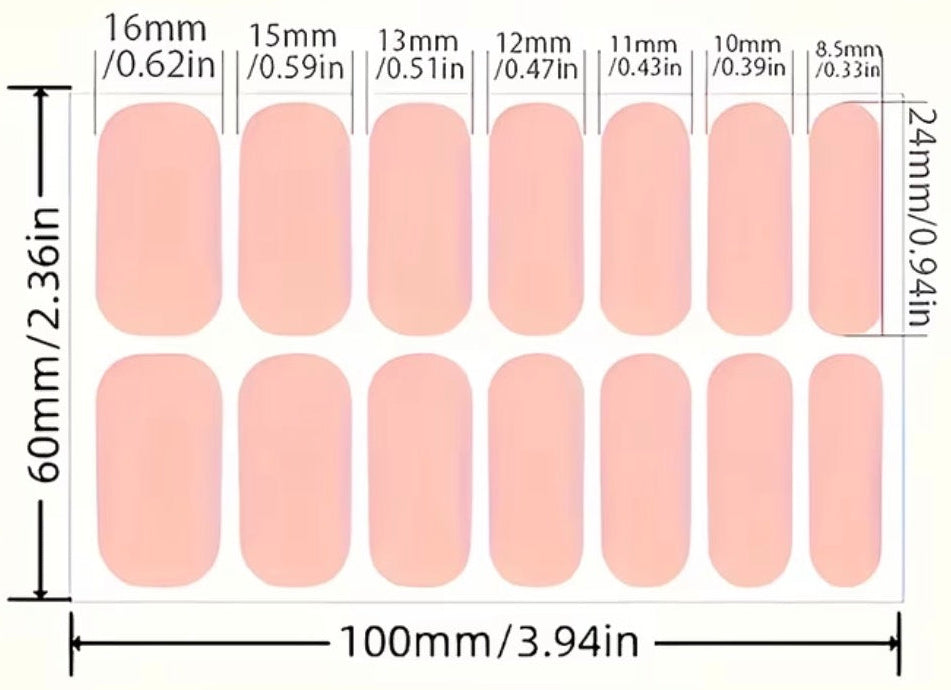 Nail art stickers with dimensions labeled on a white background