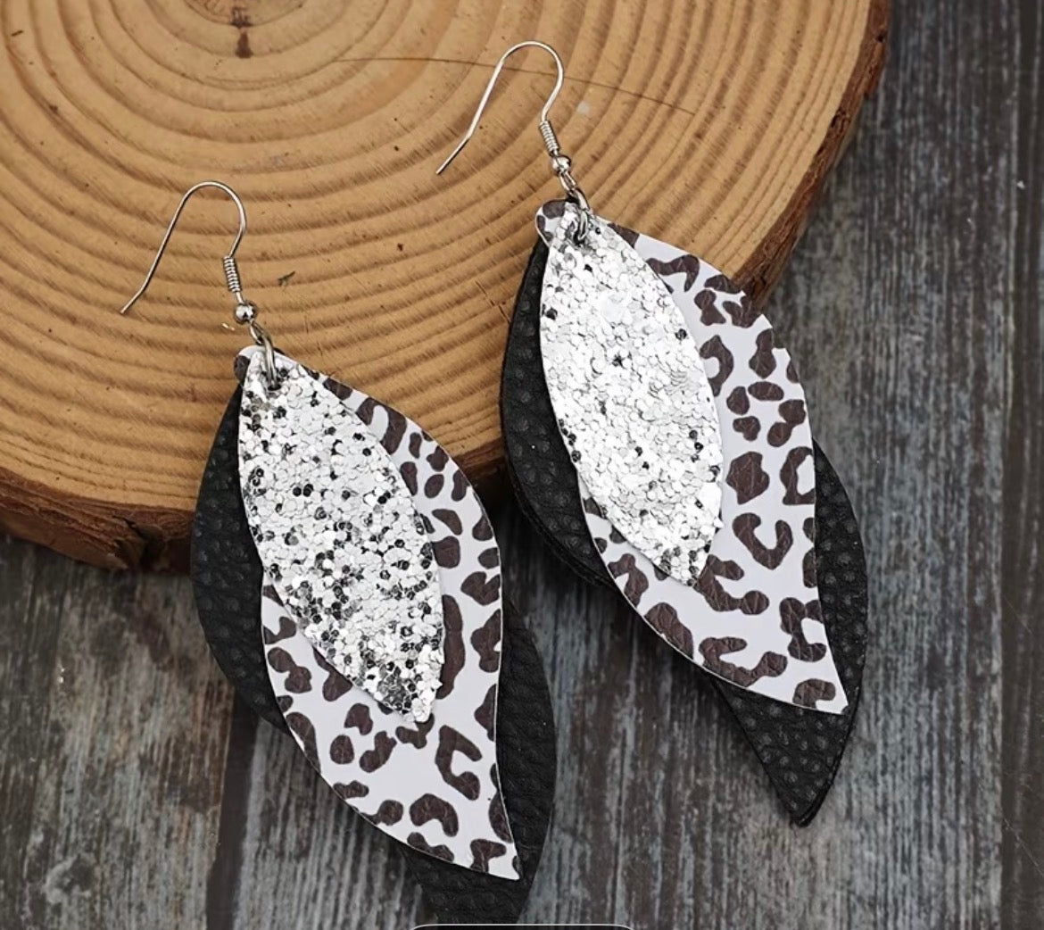Leaf-shaped black and silver earrings