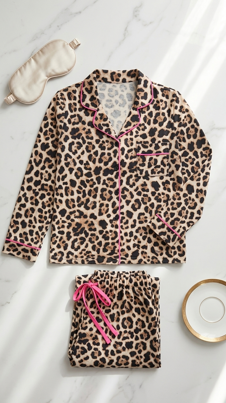 Soft leopard print pajamas - pink trim