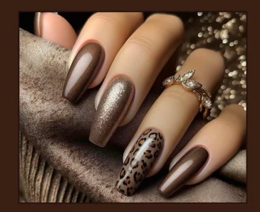 Brown Glitter & Gold long press-on nails