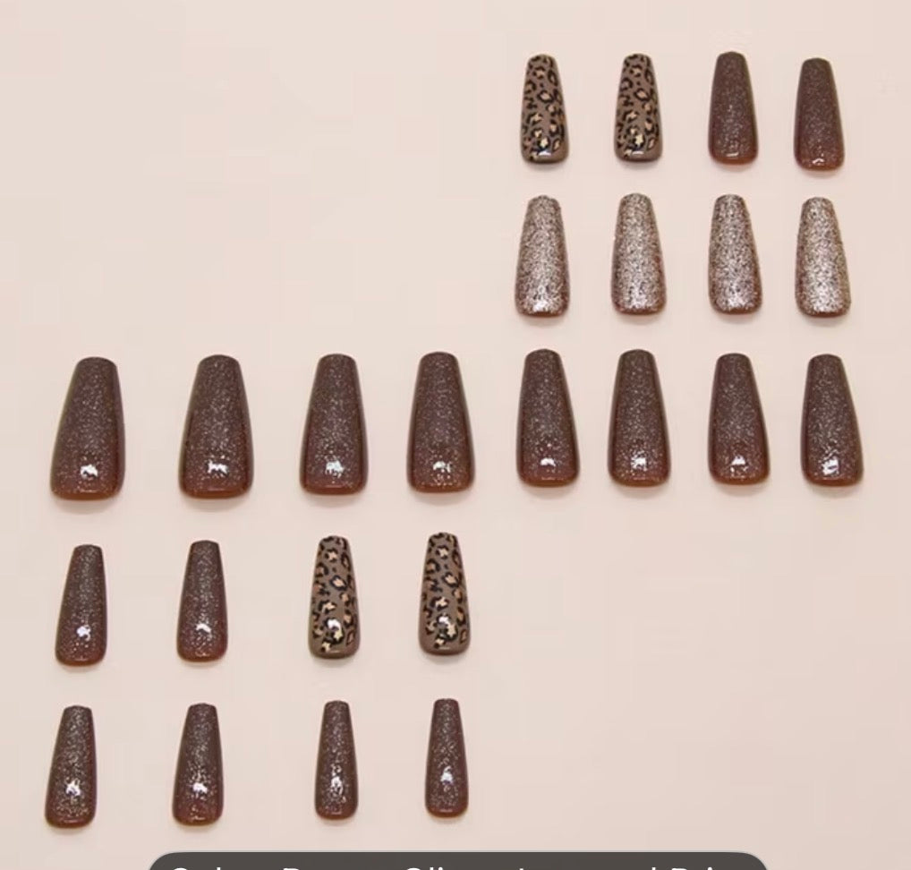 Brown Glitter & Gold long press-on nails