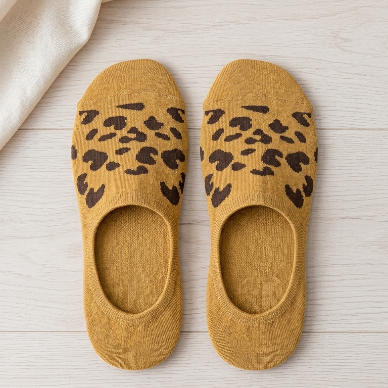 Pair of mustard yellow slippers with leopard print on a light wooden surface.