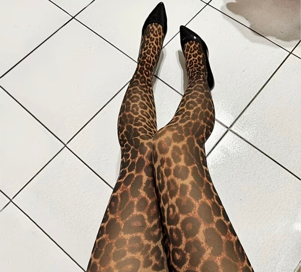 Leopard print tights - black