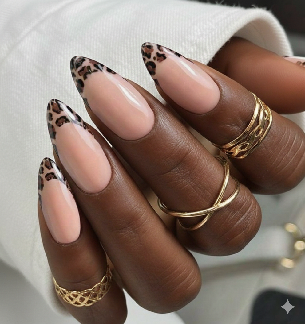 Nails - stick-on - Almond French leopard tip