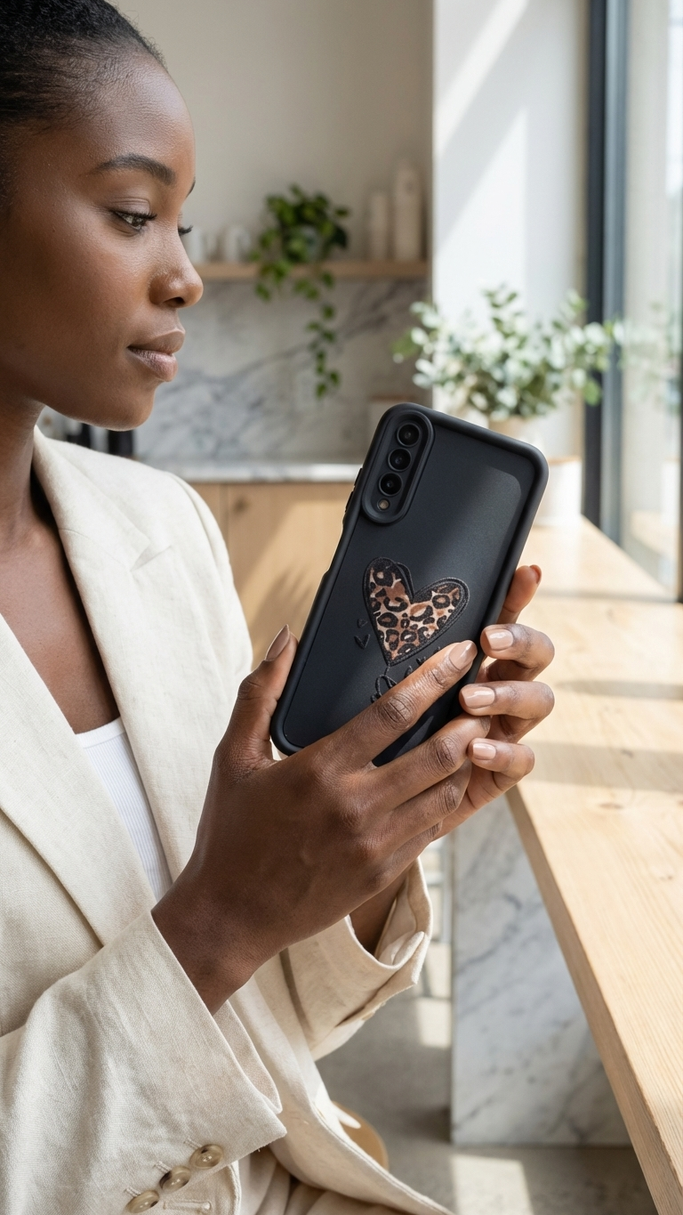 Black with heart shape phone cover