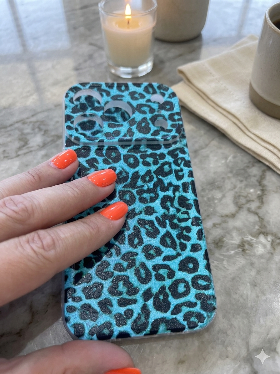 Teal leopard print phone case