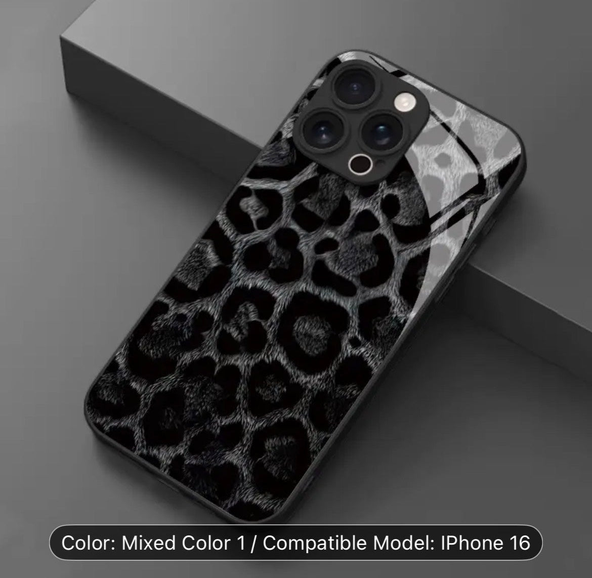 Phone case with leopard print design on a gray background