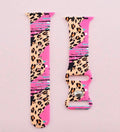 Pink leopard print silicone watch band on a pink background with product details.