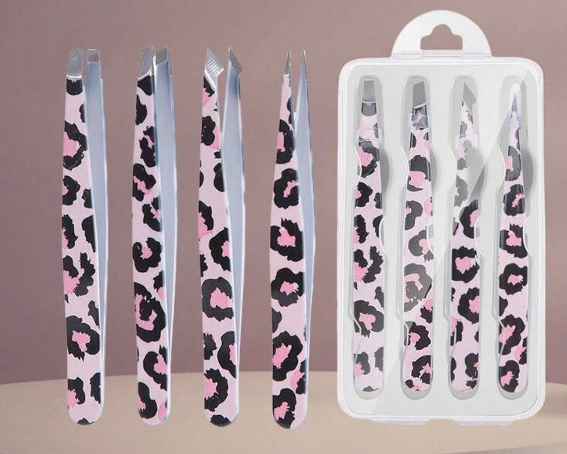 Product listing for tweezers with leopard print packaging on a shopping app.