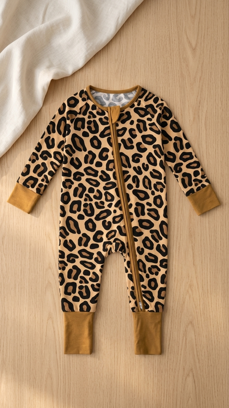 Leopard print onesie with brown cuffs on a wooden surface