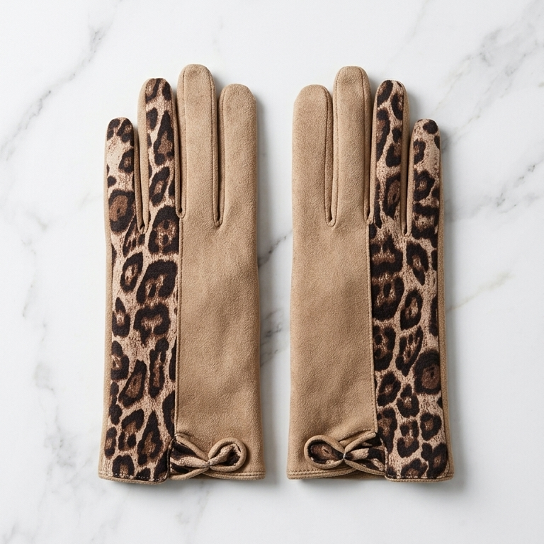 Pair of gloves with leopard print pattern on a marble surface