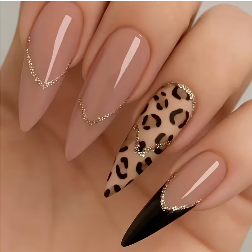 Stiletto french-style nails - black and neutral