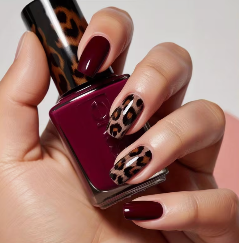 Burgundy Leopard Nails