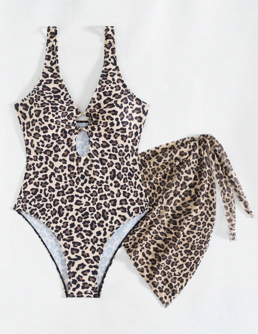 Women's Leopard Print Monokini with Mesh Wrap Skirt