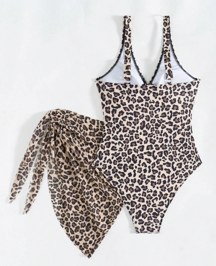 Women's Leopard Print Monokini with Mesh Wrap Skirt