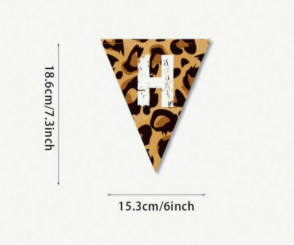 Leopard print banner with letter 'H' and measurements on a white background