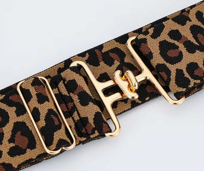 Leopard print belt with gold buckle on a light gray background