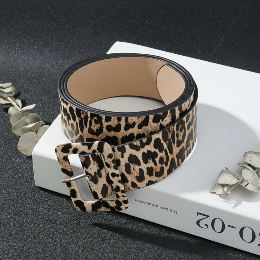 Leopard print belt with a silver buckle on a black surface