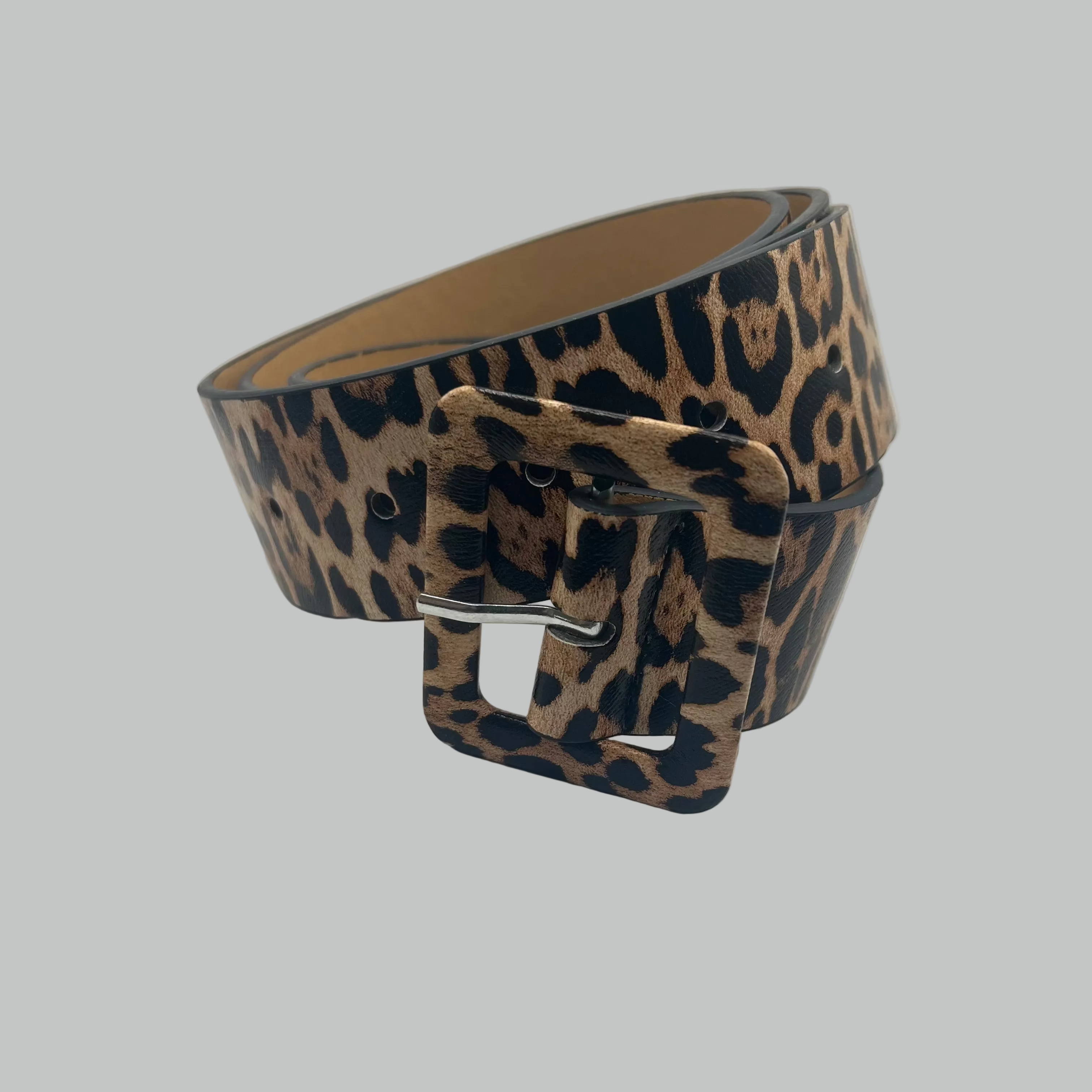 Leopard print belt with a silver buckle on a white background