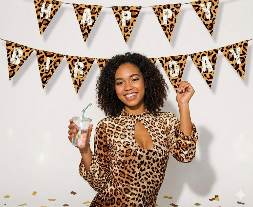 Woman in leopard print dress holding a drink with 'Happy Birthday' banner in background
