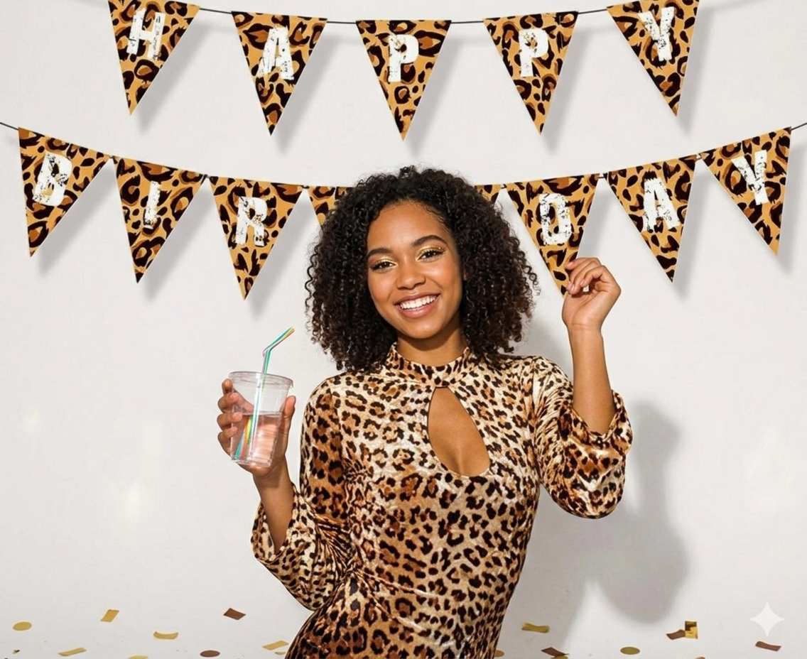 Woman in leopard print dress holding a drink with 'Happy Birthday' banner in background
