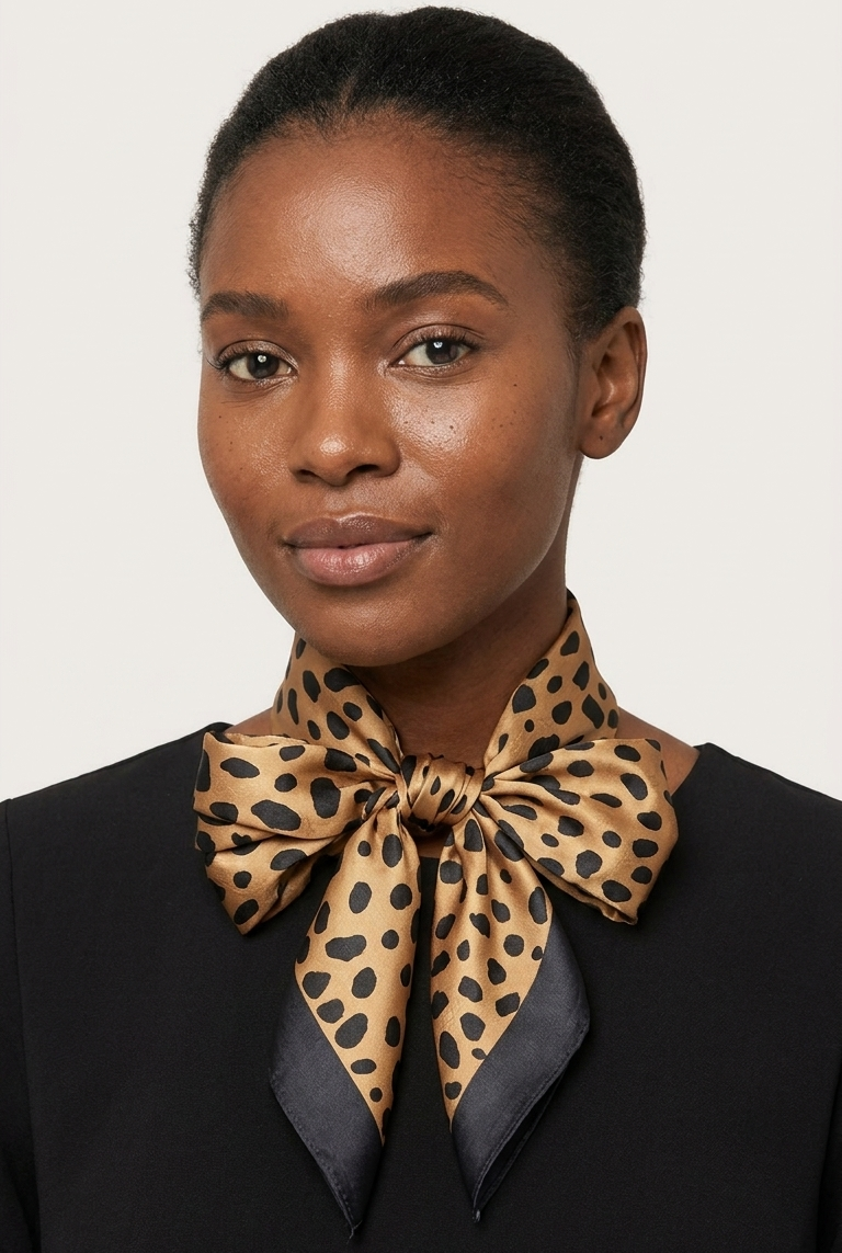 Woman wearing a leopard print scarf around her neck against a plain background