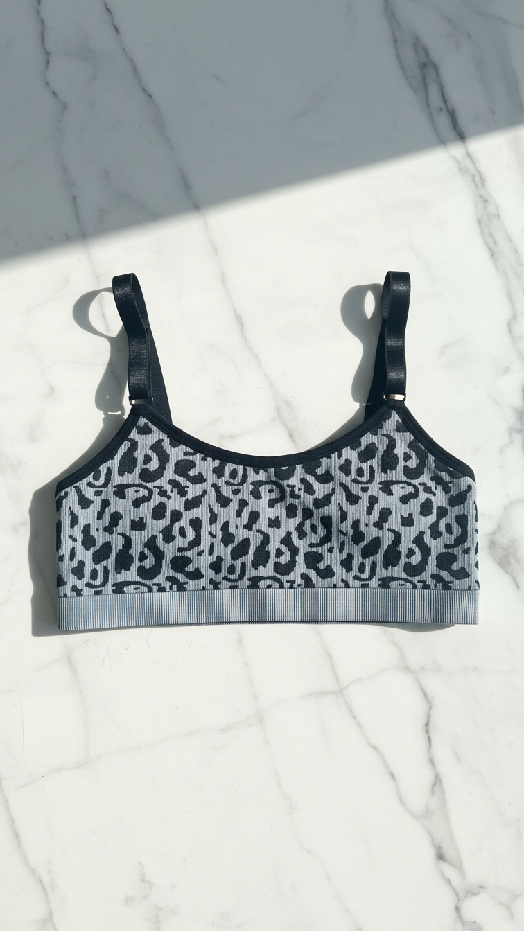 Leopard print sports bra on a marble surface